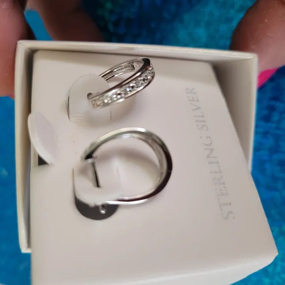 Sterling Silver Pave Set Hoop Earrings with 12 Geniune Diamond Stones NwT